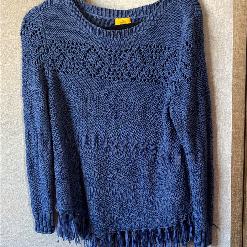FINAL MARKDOWN Elegant ruby rd Blue Knit Sweater with Fringe large